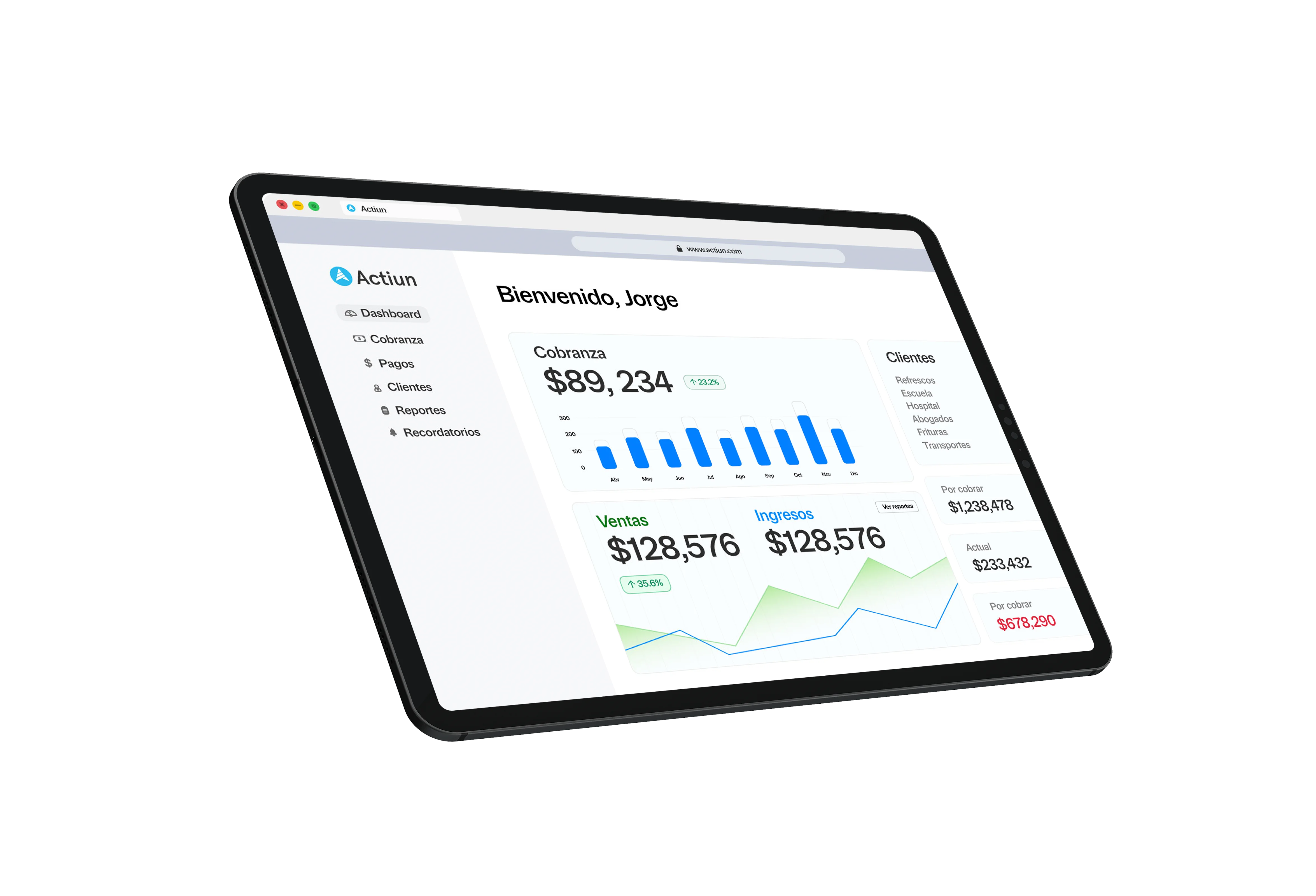 Vista del dashboard de Actiun en iPad Pro